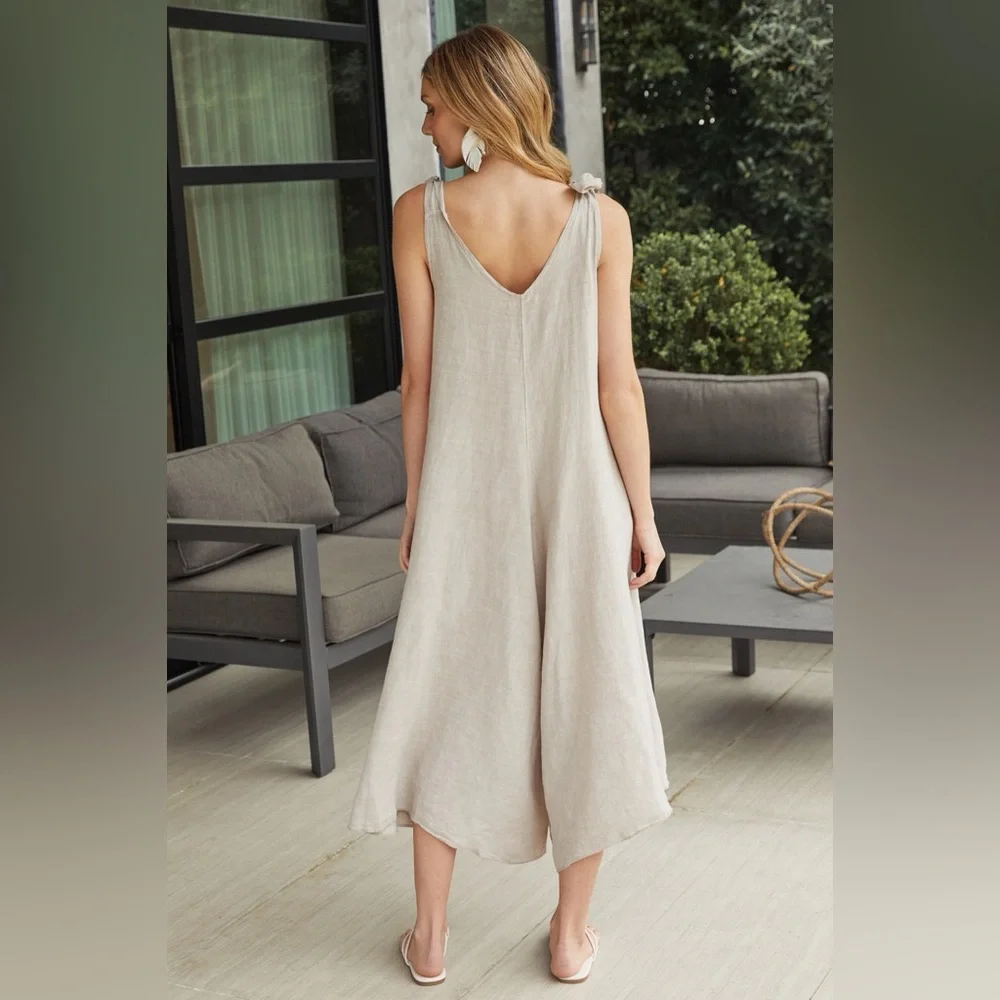 (9879/255108-SOL-BGE) TIE SHOULDER V-NECK LINEN JUMPSUIT - Picture 2 of 3